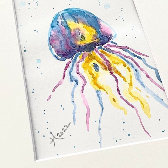 Colorful Jelly - Original Wall Art Watercolor Painting Matted Frame Ready 8”x10” - Picture 4 of 6